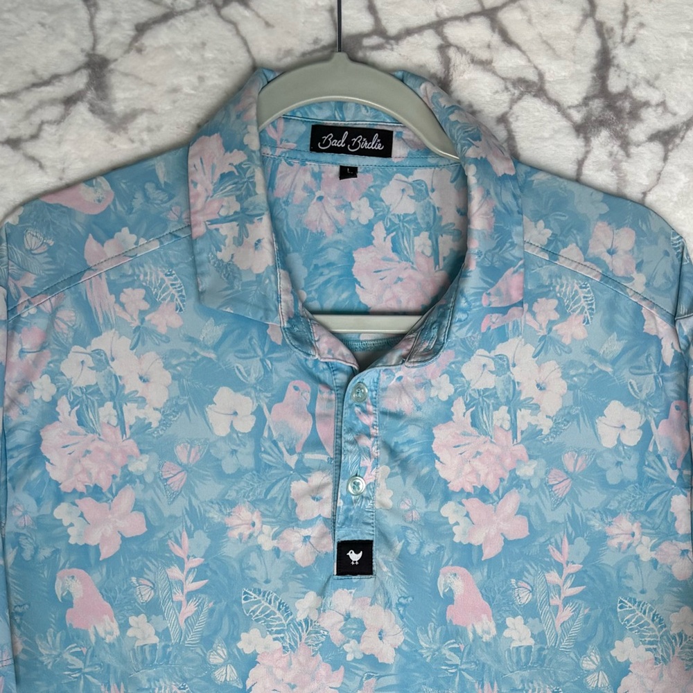 BAD BIRDIE Golf Polo Shirt Men's L Blue Pink Floral Parrots Tennis Pickleball